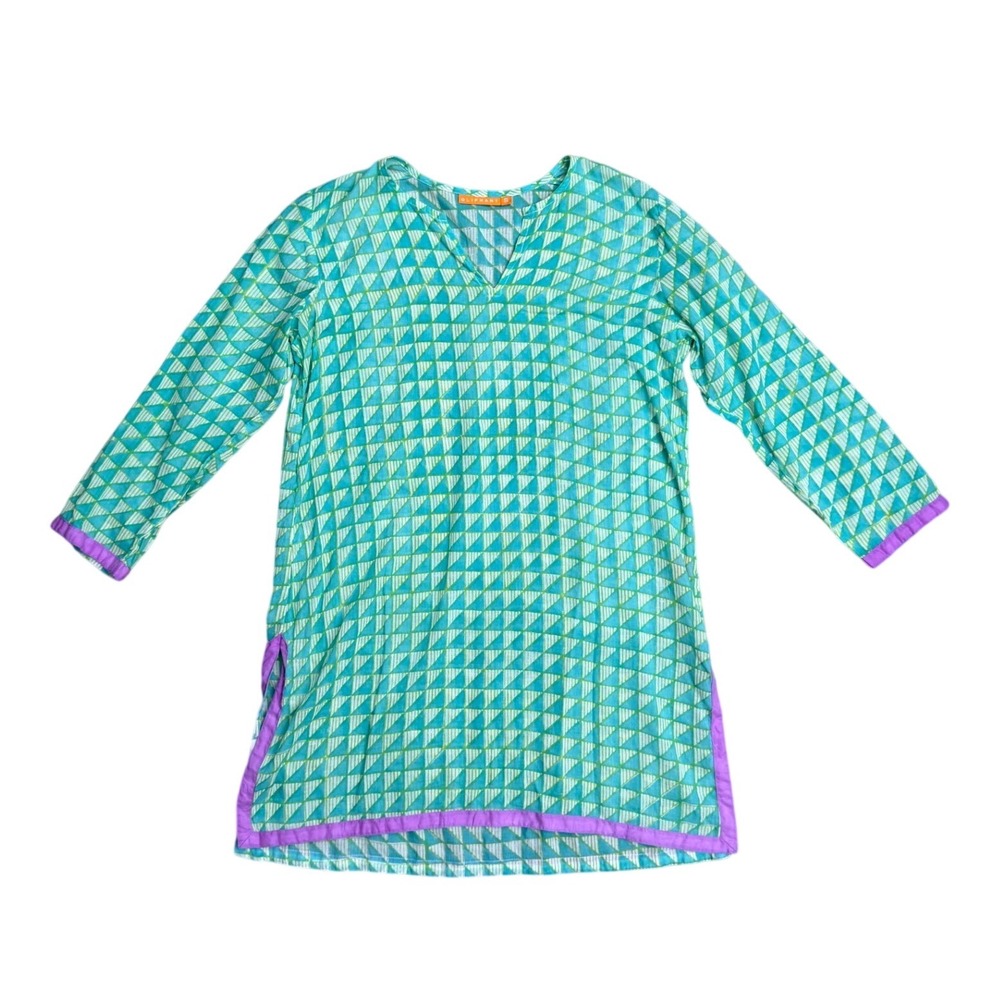 Oliphant‎ Green Geometric Cotton V-Neck Tunic Top Purple Trim small boho